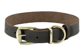 Luxury genuine leather dog collar in brown with gold adjustable buckle, durable and strong, D-ring for leash.