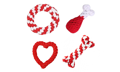Set of four rope dog toys in red and white, including a ring, drumstick, heart, and bone shapes, for interactive play.