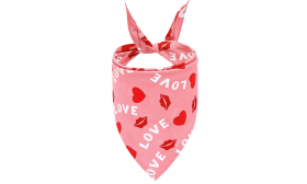 Pink dog bandana with 'LOVE' text, red hearts, and kiss marks, perfect for Valentine's day, machine and hand washable.