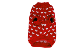 Dog wearing a cosy red sweater with white heart patterns, warm and snug fit, high-quality acrylic fibers.