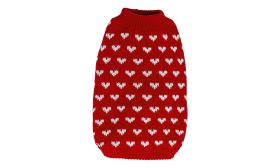 Dog wearing a cosy red sweater with white heart patterns, lightweight and comfortable for pets to wear.