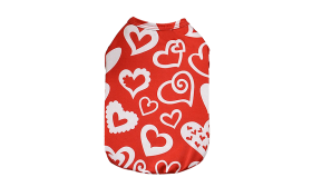 Dog wearing a red Valentine's Day-themed vest with red and white heart, soft and plush fabric for maximum comfort.