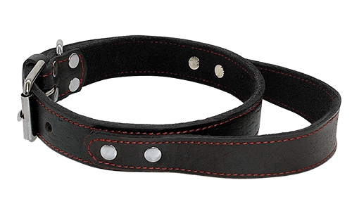 Black genuine leather dog collar with quick-grab handle, durable and strong, with adjustable metal buckle.