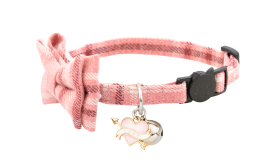 Soft pink plaid bow tie cat collar with a charming 'love' heart and arrow pendant, portable and lightweight.