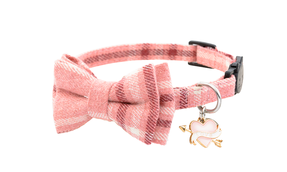 Bow Tie Cat Collar with Bell and Heart Charm Soft pink plaid bow tie cat collar with a charming 'love' heart and arrow pendant, soft and adjustable fabric for comfort.