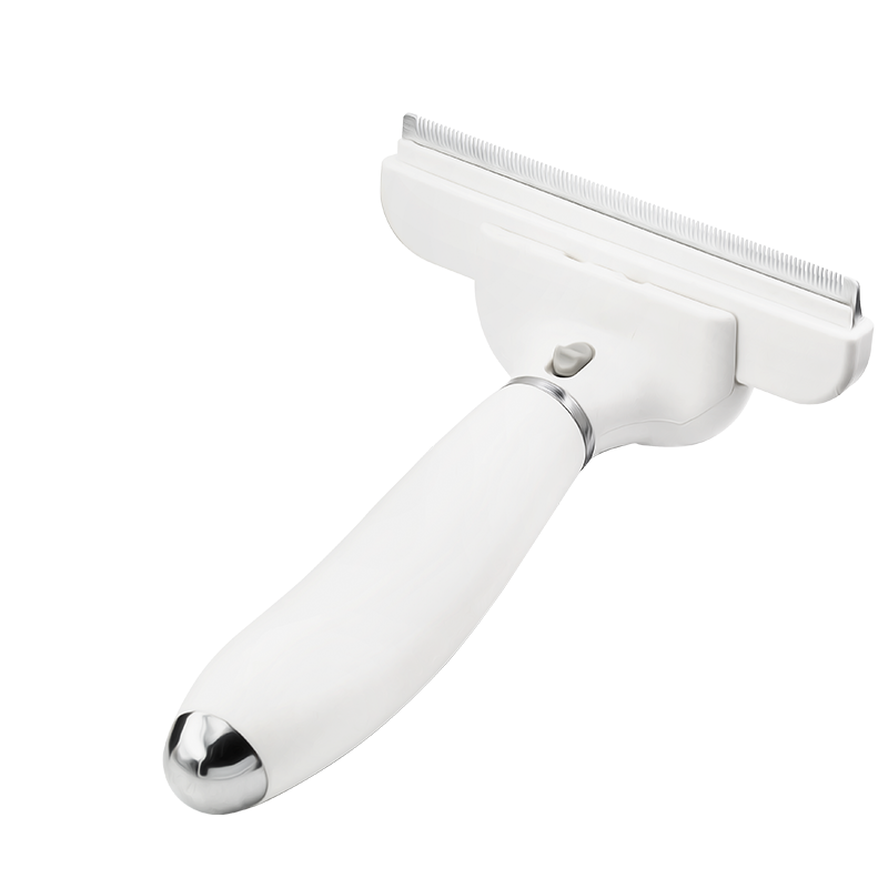 Large white deshedding brush for dogs with fine metal teeth and handle, to reduce shedding and remove loose fur.