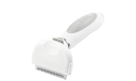 Small white deshedding brush for dogs with fine metal teeth and ergonomic handle, to reduce shedding and remove loose fur.