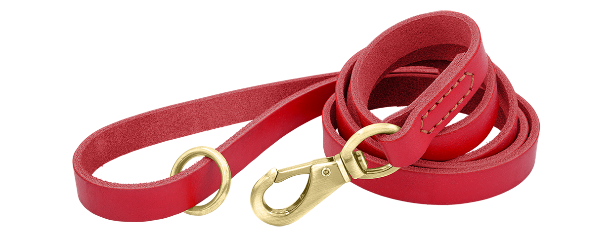 Luxury Genuine Leather Engraved Dog Leash Red luxury genuine leather dog leash, 150 cm in length and comfortable, with gold metal clasp and ring for durability.