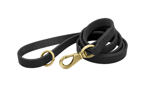 Black luxury genuine leather dog leash, 150 cm in length and comfortable, with gold metal clasp and ring for durability.