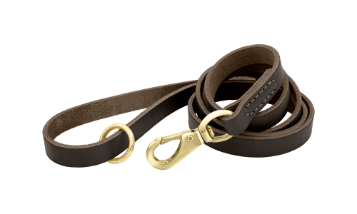 Brown luxury genuine leather dog leash, 150 cm in length and comfortable, with gold metal clasp and ring for durability.
