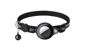 Reflective black breakaway cat collar with an AirTag holder, adjustable and lightweight for comfort, with black bell.