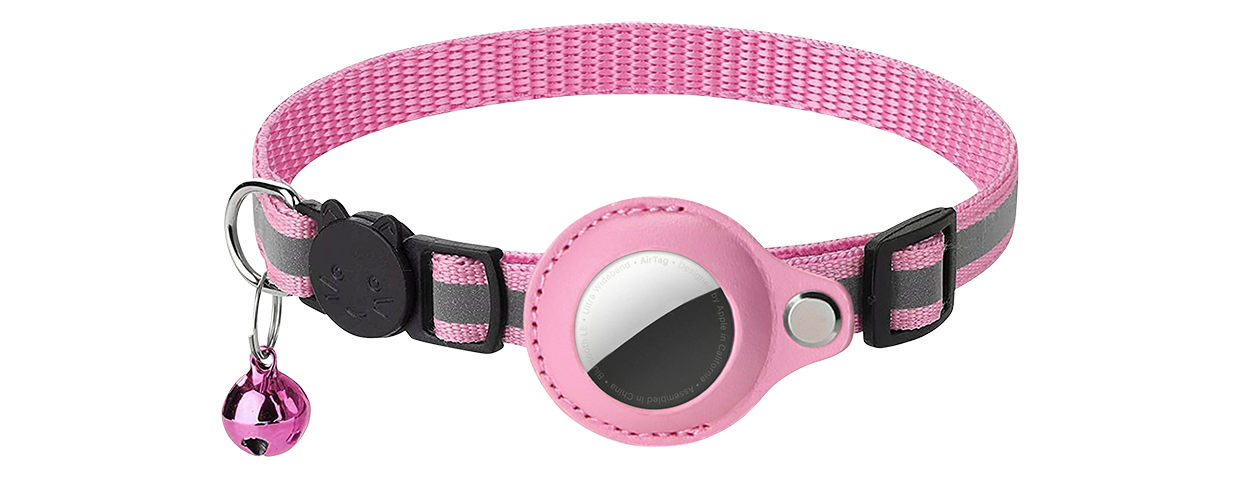 Reflective Breakaway Cat Collar with AirTag Holder Reflective pink breakaway cat collar with an AirTag holder, adjustable and lightweight for comfort, with pink bell.