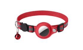 Reflective Breakaway Cat Collar with AirTag Holder Reflective red breakaway cat collar with an AirTag holder, adjustable and lightweight for comfort, with red bell.