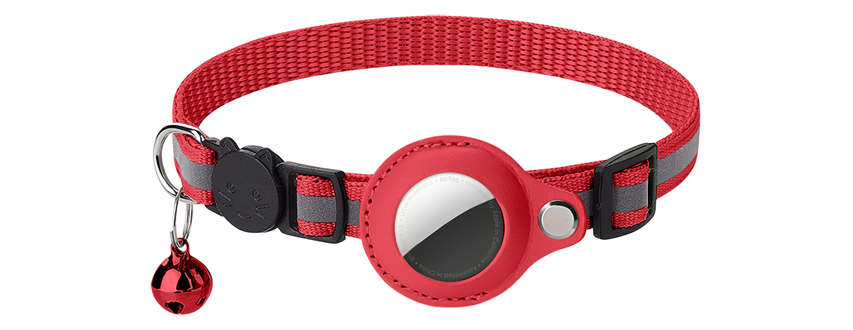 Reflective Breakaway Cat Collar with AirTag Holder Reflective red breakaway cat collar with an AirTag holder, adjustable and lightweight for comfort, with red bell.
