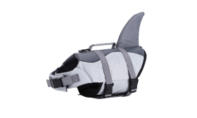 Shark-themed dog life jacket with secure straps, high-quality polyester. Suitable for different types of dogs.