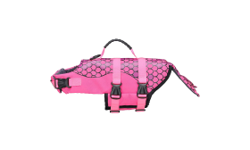 Mermaid-themed dog life jacket in pink with scale pattern, high visibility. Suitable for different types of dogs.