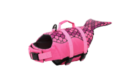 Mermaid-themed dog life jacket in pink with scale pattern, adjustable. Suitable for different types of dogs.