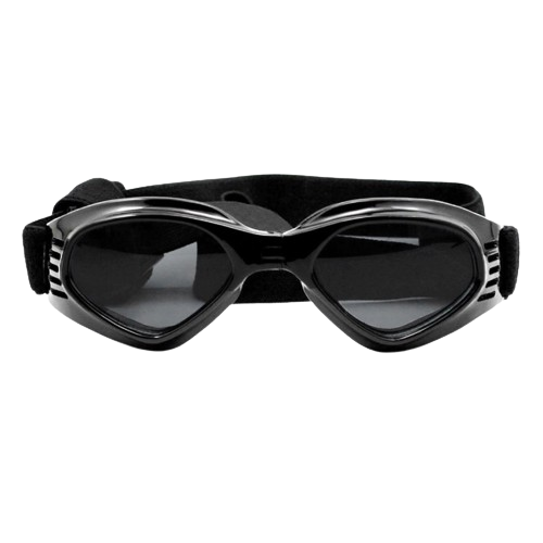 Stylish Dog Sunglasses with UV-Protection Black dog sunglasses with UV-protection, dark tinted lenses for eye safety and a stylish look. For outdoor adventures.