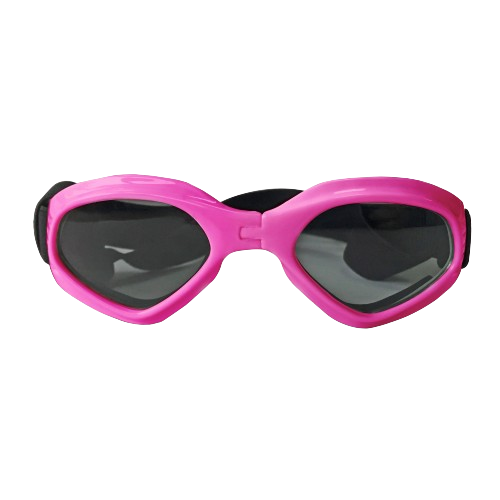 Stylish Dog Sunglasses with UV-Protection Pink dog sunglasses with UV-protection, dark tinted lenses for eye safety and a stylish look. For outdoor adventures.