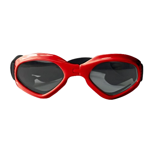 Stylish Dog Sunglasses with UV-Protection Red dog sunglasses with UV-protection, dark tinted lenses for eye safety and a stylish look. For outdoor adventures.