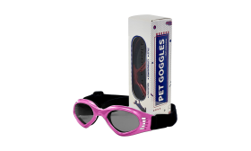 Stylish Dog Sunglasses with UV-Protection Pink dog sunglasses with UV-protection, dark tinted lenses for eye safety and a stylish look. Foldable and portable.