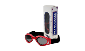 Red dog sunglasses with UV-protection, dark tinted lenses for eye safety and a stylish look. Foldable and portable.