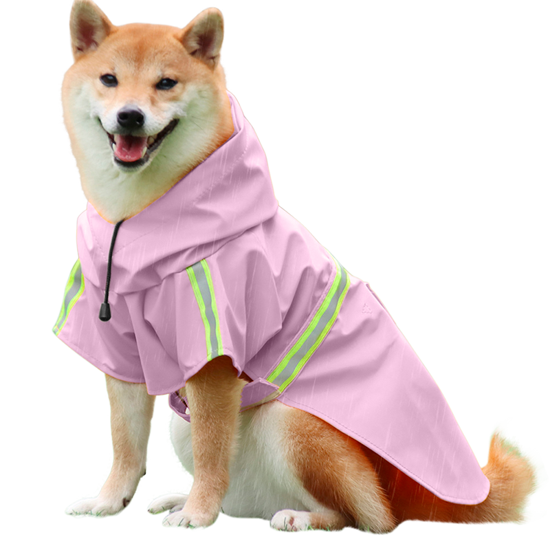 Shiba Inu in a waterproof pink raincoat with reflective strips, easy on and off straps, for rainy walks.