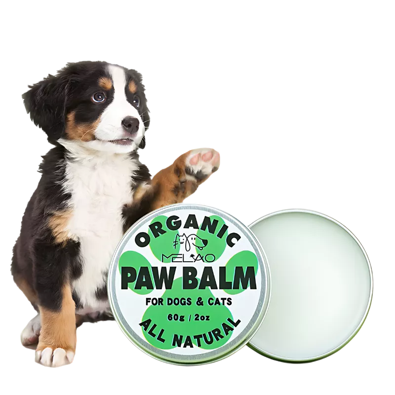 Green and white tin and box of organic, all-natural paw balm for dogs and cats, 60g, to soothe and protect pet paw pads.