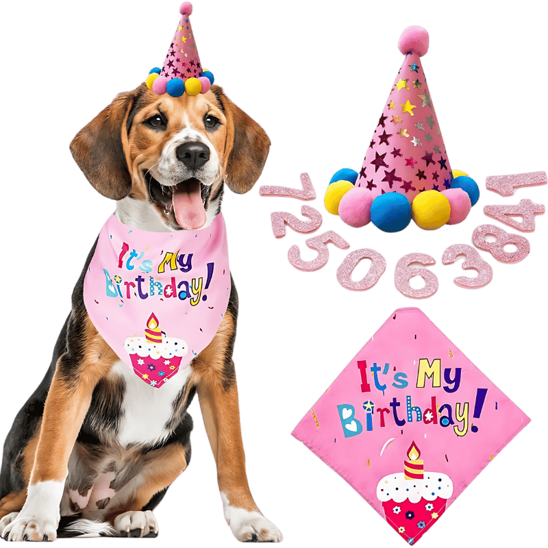 Dog Birthday Bandana Set Pink dog birthday celebration set featuring a colourful 'It's My Birthday!' bandana, soft and durable.