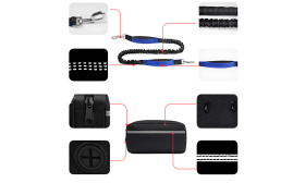 Blue hands-free dog leash with key features: reflective stitches, adjustable waist belt, storage pouch, 27 to 48 inches.