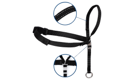 Black no-pull dog head collar with adjustable black strap and padded nose loop, to prevent pulling during walks, size medium.