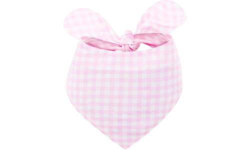 Pink and white checkered dog bandana with a knot tie, easy to wash, made of 100% cotton lightweight fabric.
