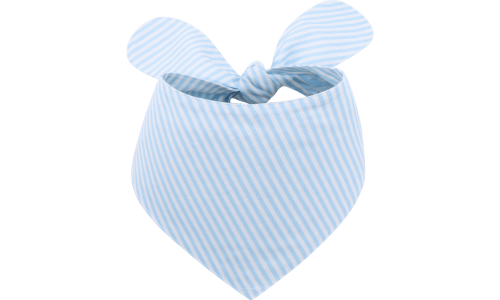 Light blue and white striped dog bandana with a knot tie, easy to wash, made of 100% cotton lightweight fabric.