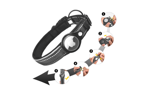 Black reflective dog collar with Airtag holder, adjustable, lightweight nylon, comfortable and sturdy materials.