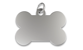 Silver bone shaped dog tag with smooth finish, with a silver ring, customisable with engraved dog name.