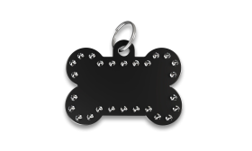Black luxury bone shaped dog tag with rhinestones and silver ring, customisable with personalised dog name.