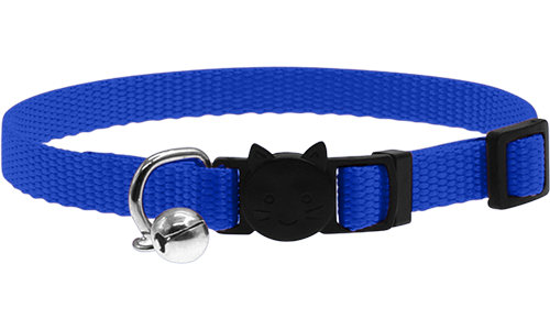 Adjustable breakaway cat collar in blue, lightweight, with a safety buckle with cat design and a small silver bell.