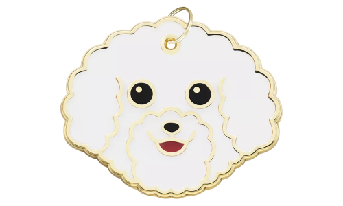 Engraved dog tag shaped like a Bichon Frise face, with a cute, smiling expression and gold outline, designed for dog id tags.