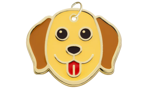 Engraved dog tag shaped like a Labrador face, with a cute, smiling expression and gold outline, designed for dog id tags.
