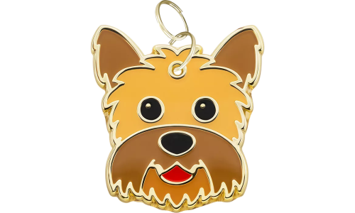 Engraved dog tag shaped like a Yorkshire  face, with a cute, smiling expression and gold outline, designed for dog id tags.