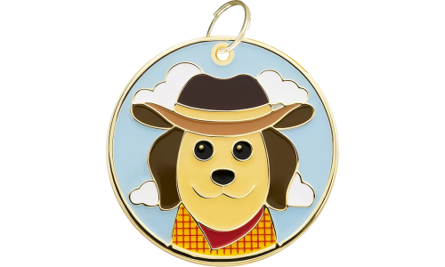 Cowboy inpired dog tag featuring a Labrador face, lightweight for dog comfort, with engravable area, and smooth edges.