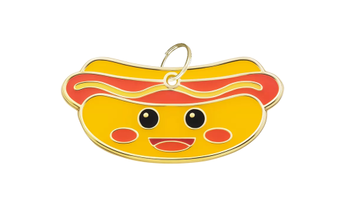 Hotdog-shaped dog tag with a smiling face, with a gold ring, customisable with engraved and personalised dog name.