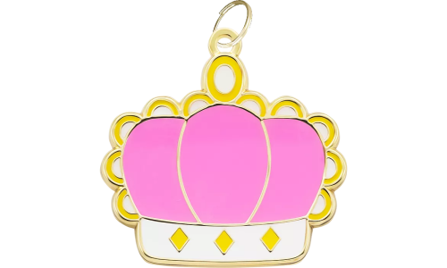 Pink crown-shaped dog tag with gold and white accents, featuring a playful, royal design, for adding elegance to dog ID tags.