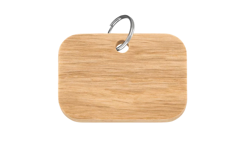 Wooden rectangle-shaped dog tag, 38mm x 25mm, FSC-certified wood, with a silver ring, customisable with engraved dog name.