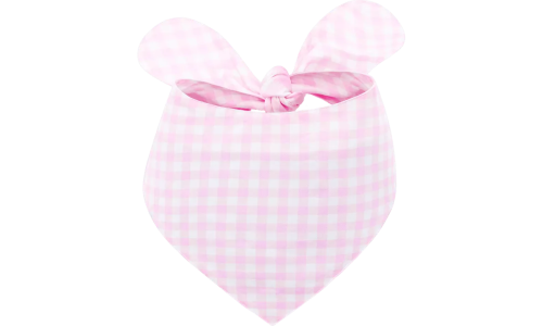 Pink and white checkered personalised dog bandana with a knot tie, customisable with embroidered name.