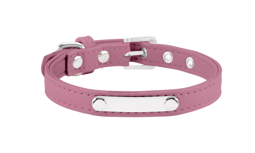 Classic pink dog collar with built-in ID plate for dog name engraving, 10.6 - 13.4 inches in length and 0.59 inches wide.