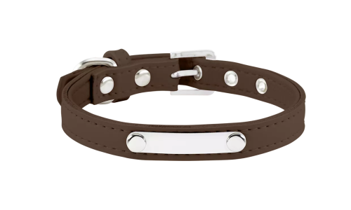 Classic brown dog collar with built-in ID plate for dog name engraving, 10.6 - 13.4 inches in length and 0.59 inches wide.