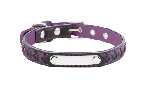 Braided purple dog collar with built-in ID plate for dog name engraving, 10.6 - 13.4 inches in length and 0.59 inches wide.