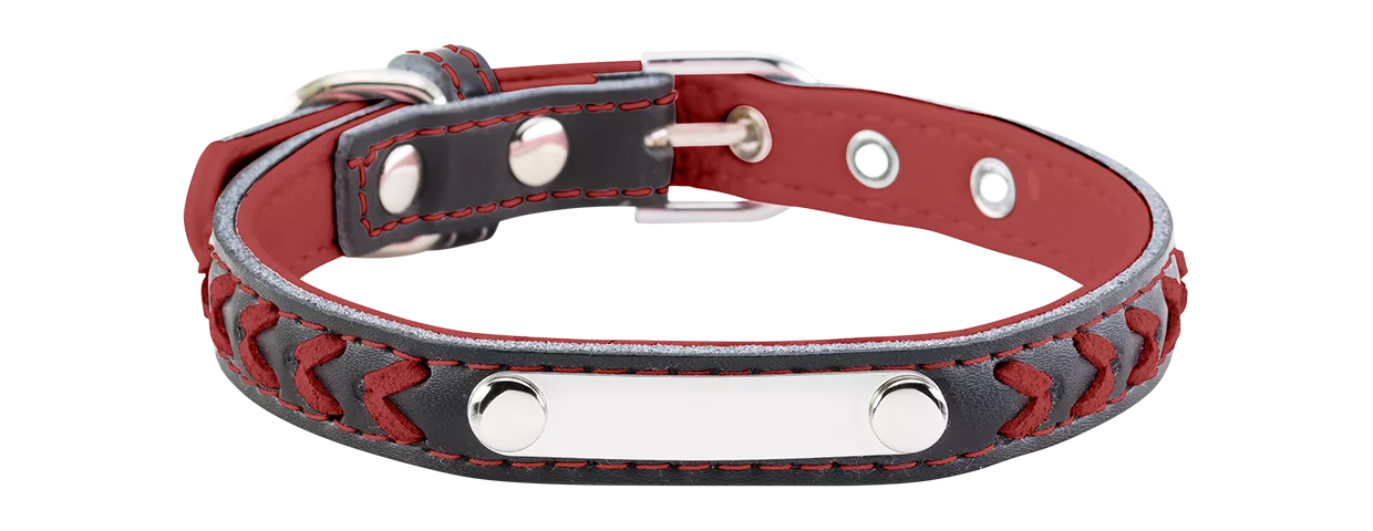 Custom Dog Collar - Braided Braided red dog collar with built-in ID plate for dog name engraving, 10.6 - 13.4 inches in length and 0.59 inches wide.