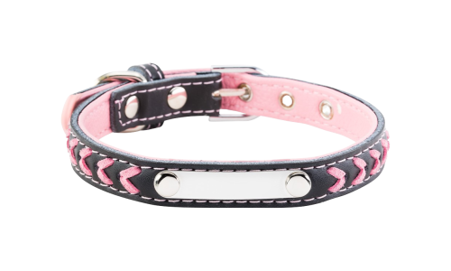 Braided pink dog collar with built-in ID plate for dog name engraving, 10.6 - 13.4 inches in length and 0.59 inches wide.